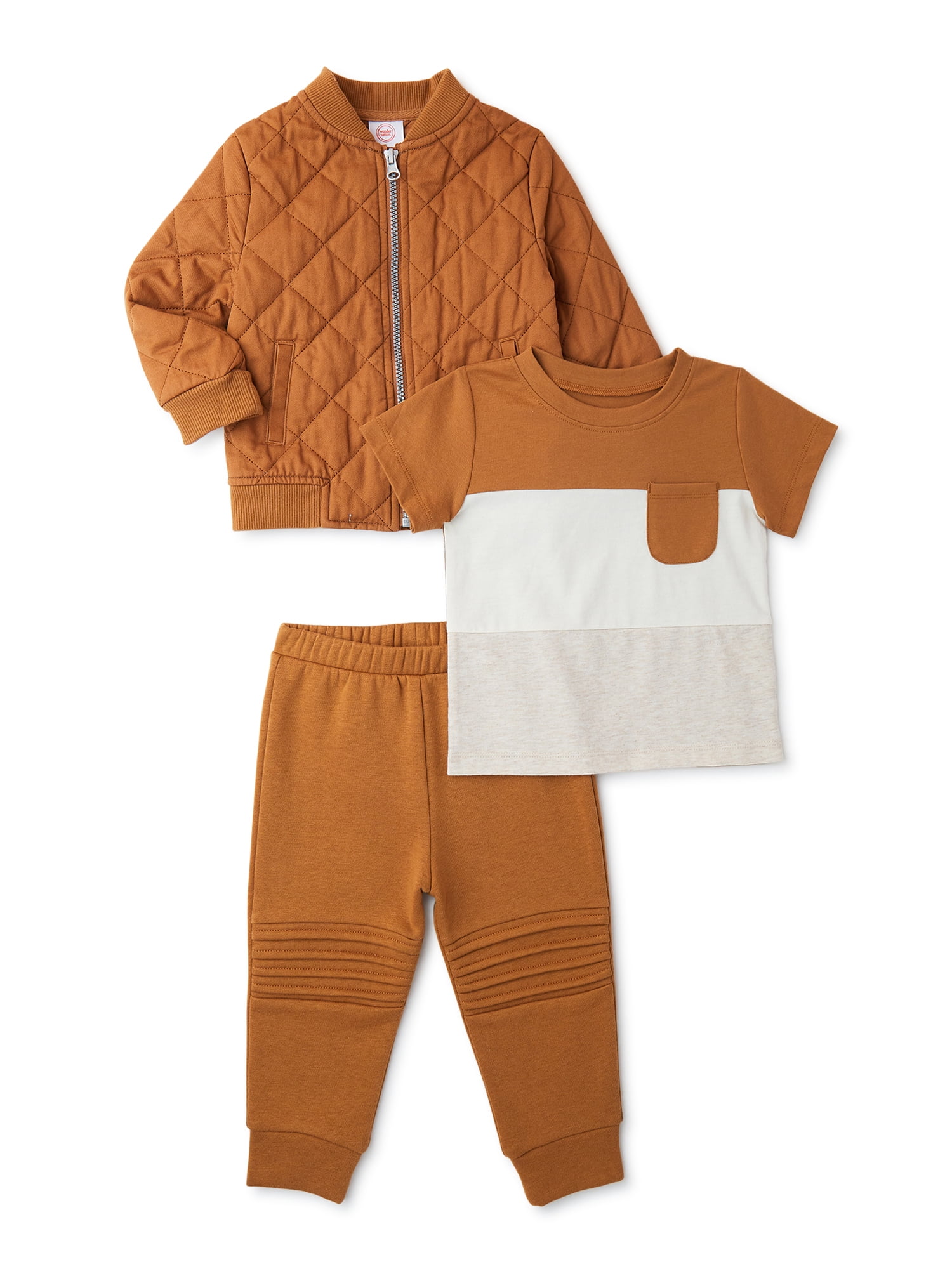 Wonder Nation Baby Boys Quilted Bomber Jacket, Joggers and T-Shirt, 3 Piece Outfit Set, Sizes 0/3-24 Months