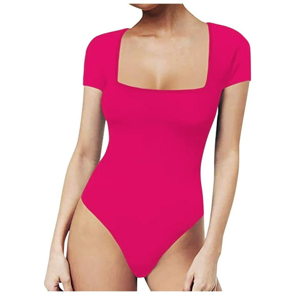Siilsaa Women's Square Neck Bodysuit Short Sleeve Shirt Tops Hot Pink,XL