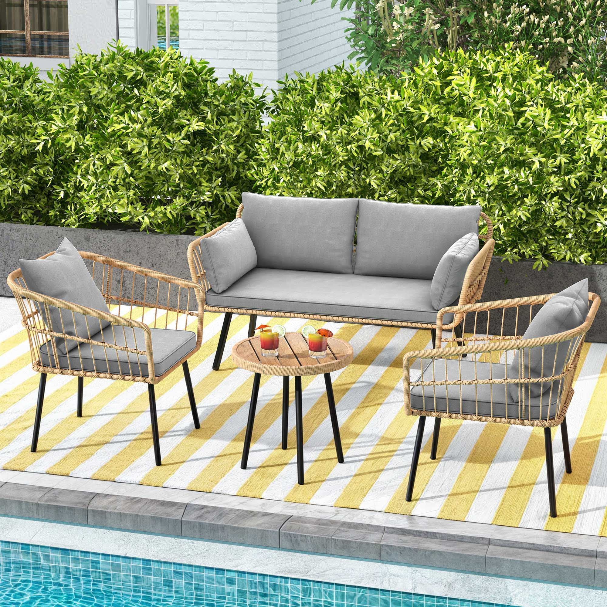 Uforic 4 Pieces Patio Conversation Set,Patio Furniture Set of Rattan Bistro Set with Loveseat Chair - Gray