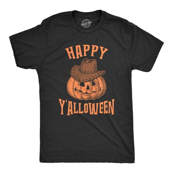 Mens Happy Y'alloween T Shirt Funny Halloween Jack-O-Lantern Cowboy Graphic Novelty Tee (Heather Black) - M