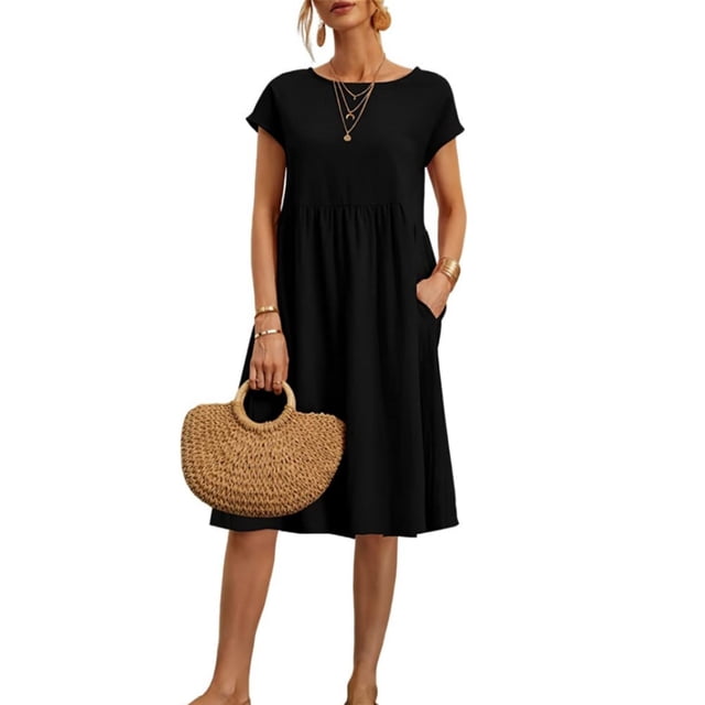 Vestido midi Zhyaj, cuello redondo, manga corta, túnica holgada 2024