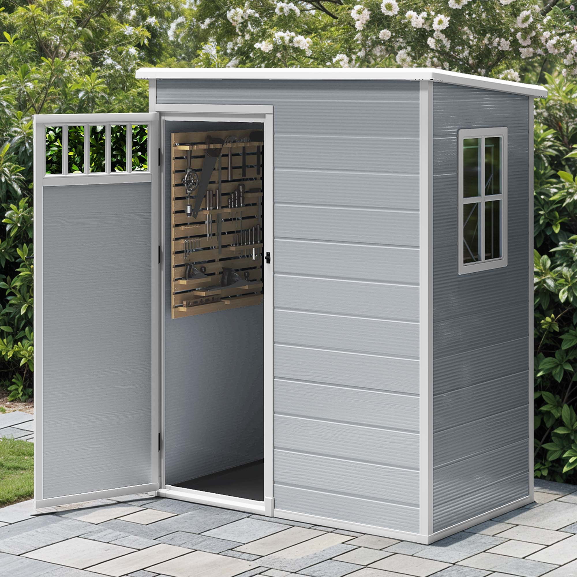 Uforic 5x3FT Outdoor Storage Shed with Windows, Floor, Lockable Doors, Waterproof Plastic, Gray