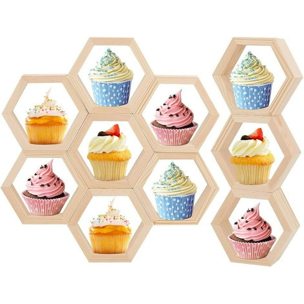 10 mini soportes para cupcakes con forma de panal, estantes tipo panal, exhibidor de pasteles, soporte de madera para postres, mesa con letrero y cintas adhesivas.