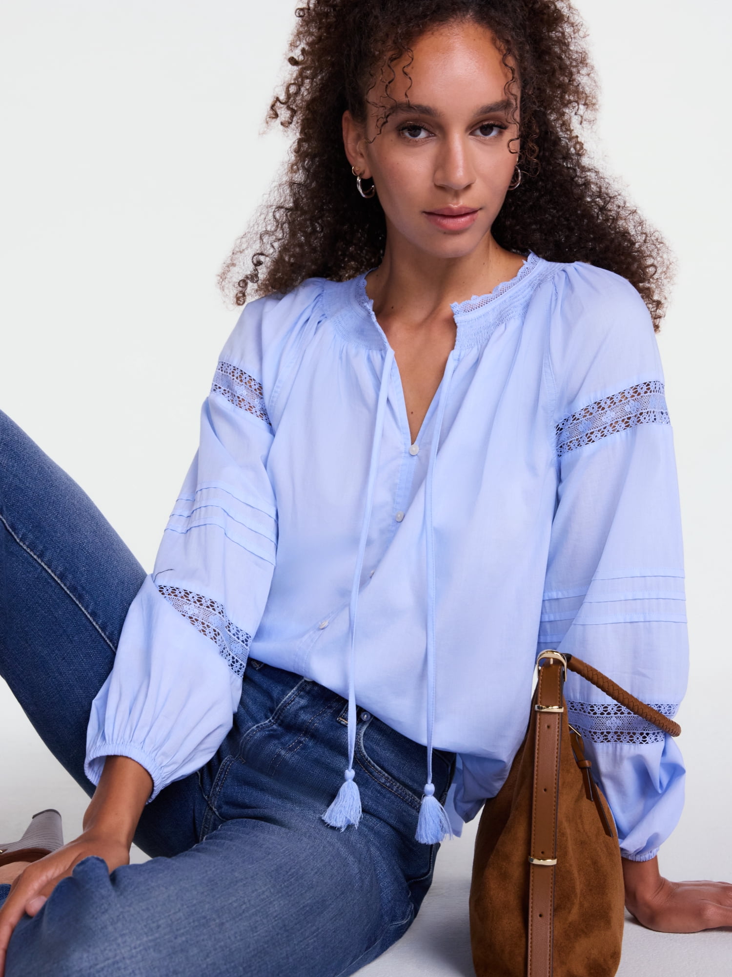 Scenario Women's and Women's Plus Smocked Neck Top with Lace Inserts, Sizes XS-4X