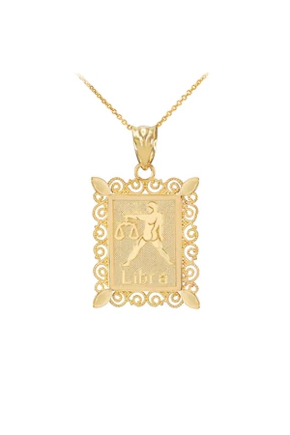 GOLD LIBRA ZODIAC SIGN FILIGREE SQUARE PENDANT NECKLACE