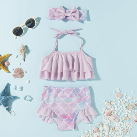 

Bullpiano 6M-4Y Toddler Girl Meimaid Swimsuit Baby Bathing Suit Two-Pieces Ruffled Halter Crop Top+Bikini Bottoms+Headband Tankini Suit Kids Sunsuit (Purple)
