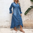 thumbnail image 3 of Women's Plus Size Long Denim Dress, Flare Sleeve Button Front Ruffle Hem Maxi Dress, Fall Casual Commute Wear, 3 of 6