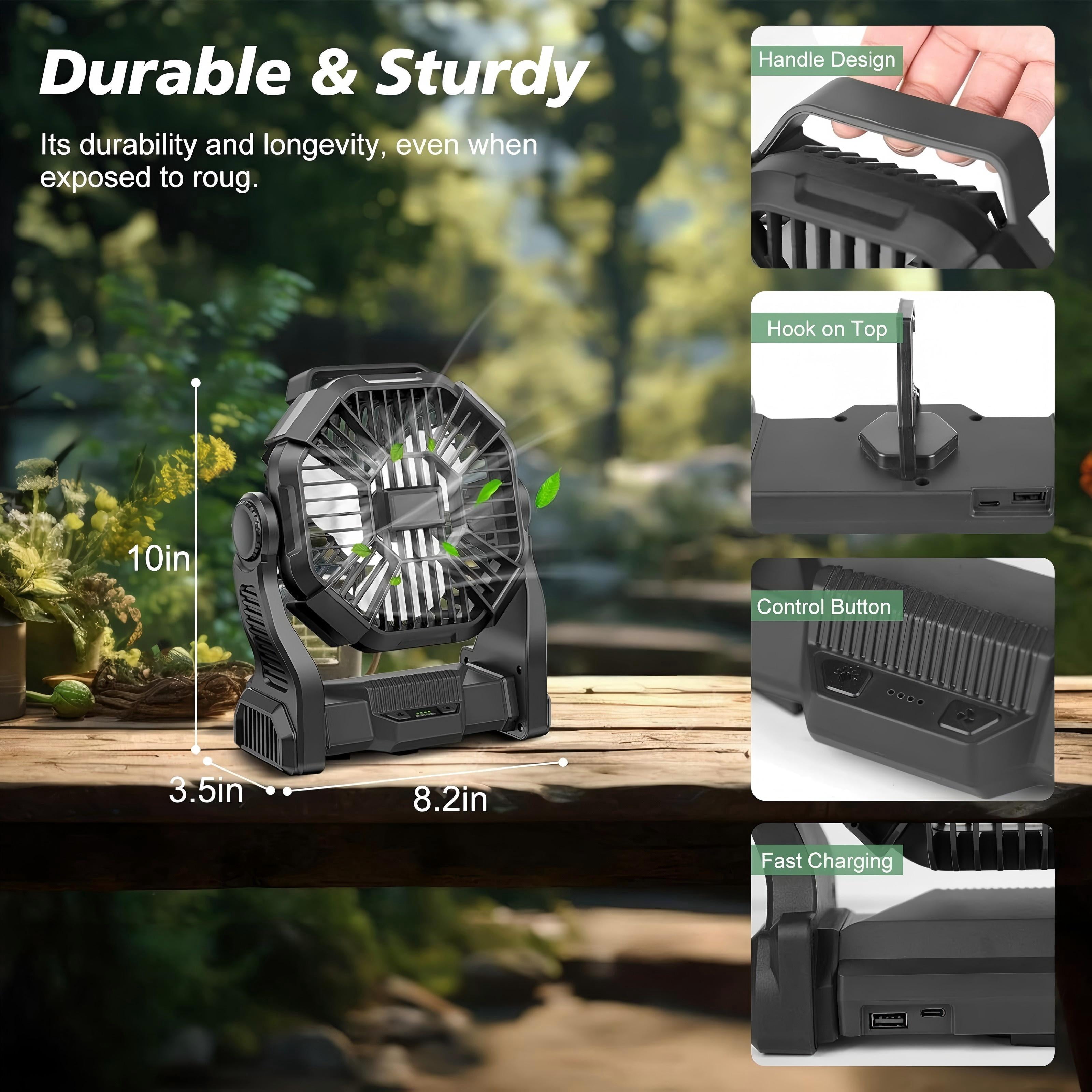DKTIOP Camping Fan with LED Lantern, 20000mAh Portable Battery Operated Outdoor Fan, Personal Rechargeable Desk Fan for Travel, Hiking, Fishing, Picnic, Black