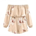 thumbnail image 4 of uvwlwu Women Floral Print Off Shoulder Romper Ruffle Layer Long Cuffed Sleeve Elastic High Waist Short Jumpsuit Stylish Casual Everyday Summer Vacation Outfit,M, 4 of 4