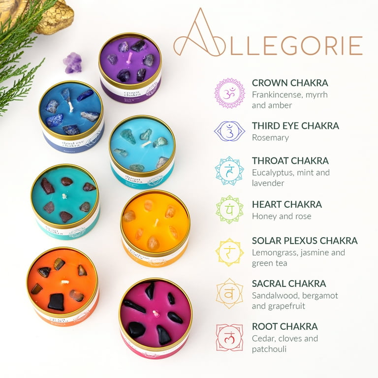 Chakra Candles with Crystals, Set of 7 | Essential Oils Scented