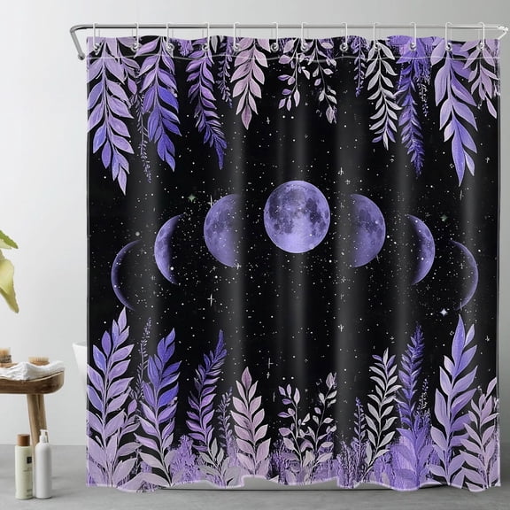 HVEST Moon Phase Plant Leaf Shower Curtain with Purple Moon and Starry Night Aesthetic Design - Black and Purple Bathroom Decor, Waterproof Polyester Fabric, Includes 12 Hooks, 72x72 Inches