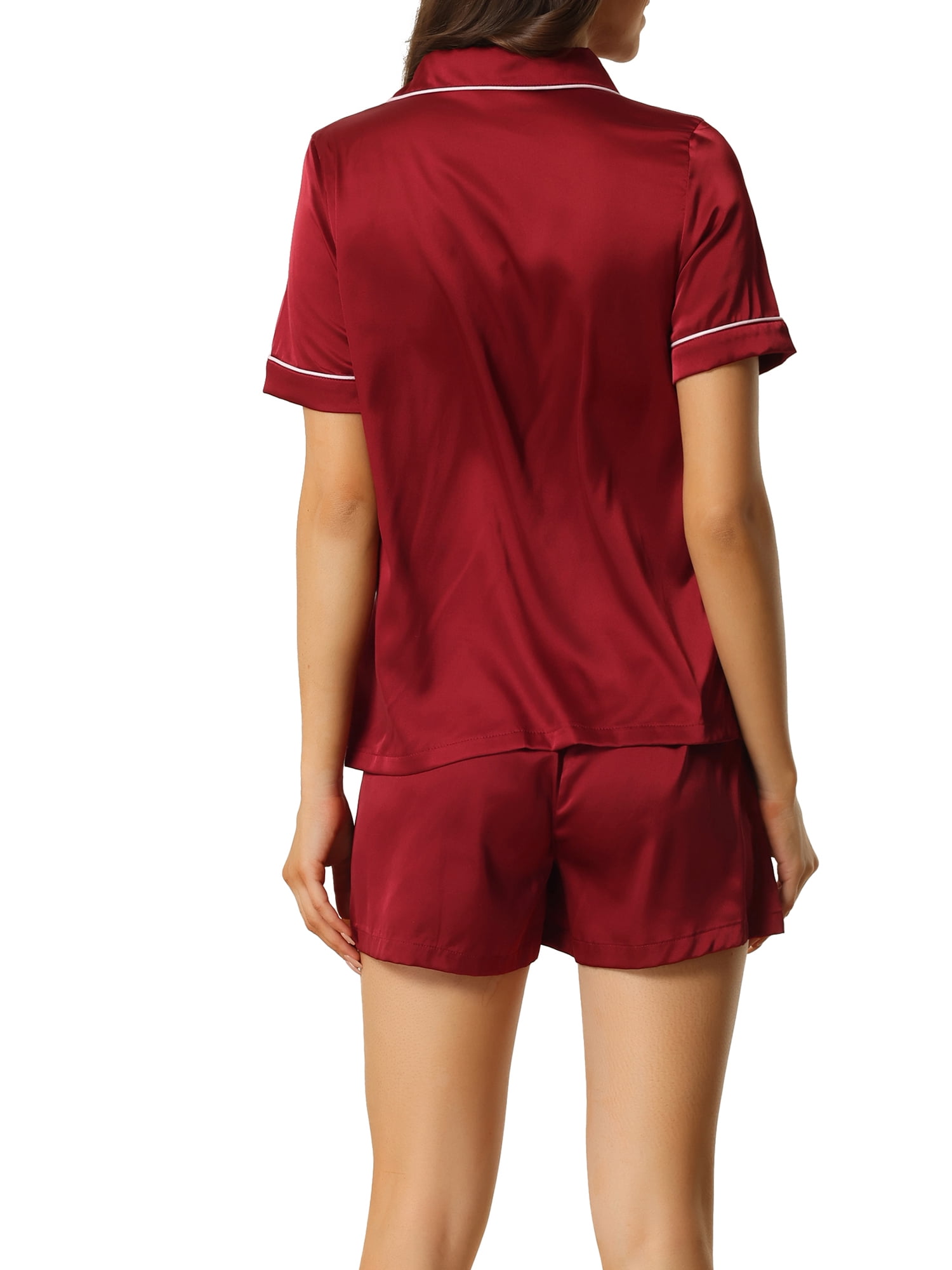 Unique Bargains Women's Pajama Short Sleeves Button Down Top and Shorts Satin Sets XL Wine Red