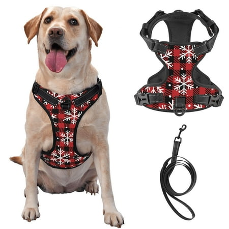 TEQUAN Medium Dog Harness with Leash Red Christmas Plaid Snowflakes Prints Reflective No Pull Adjustable Pet Vest (M)