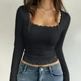 thumbnail image 2 of Long Sleeve T Shirt Women Lace Trim Open Collar Long Sleeve Slim Basic Trendy Tops, 2 of 9