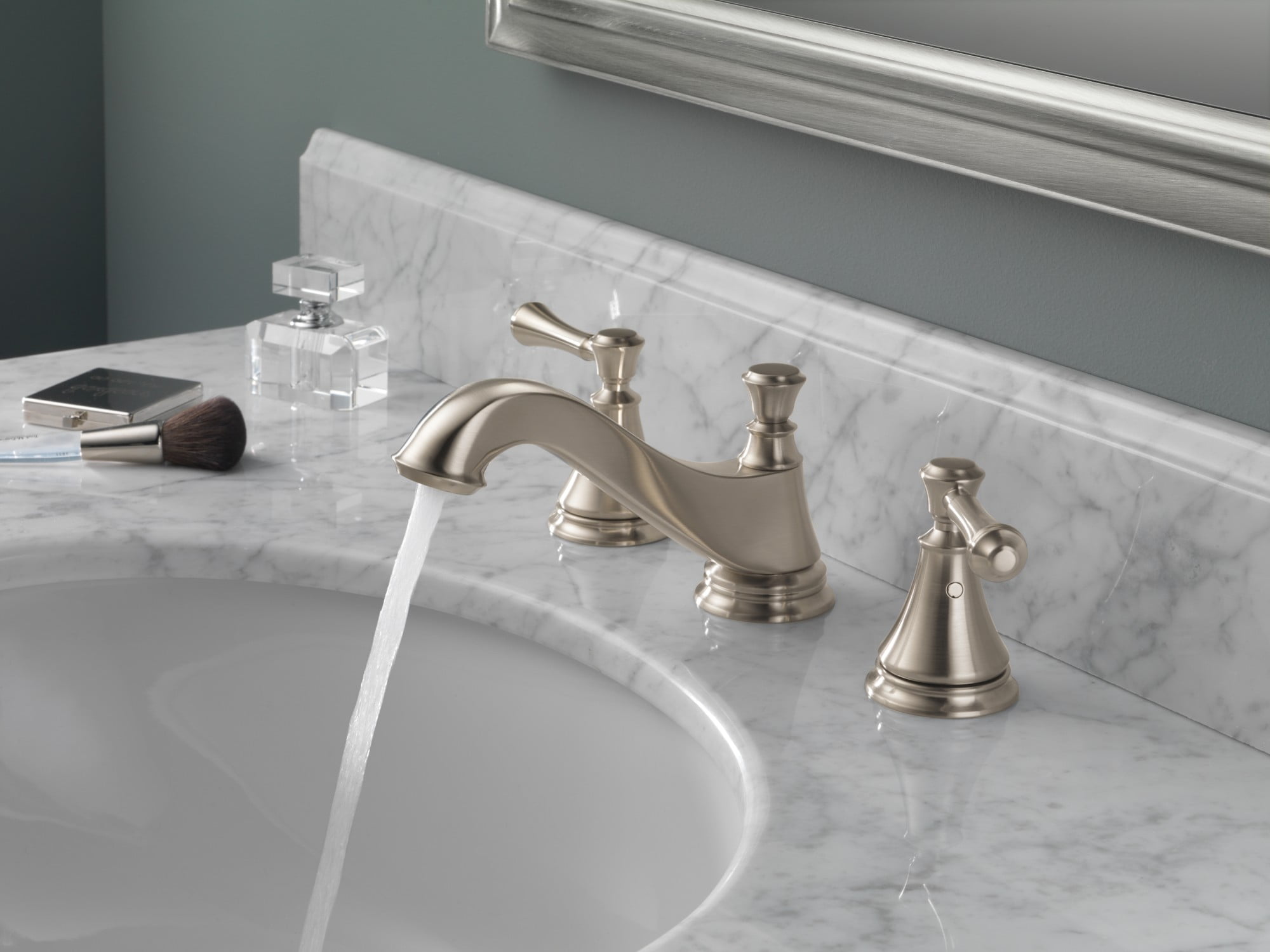 EZ-FLO Two-Handle Widespread Bathroom Faucet – Brushed Nickel, Low-Arc Spout, Fits 6-12 Inch Centers, Ceramic Disc Cartridge, Lead-Free – Easy Installation