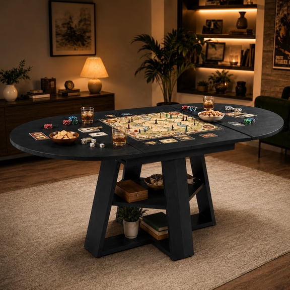43"-59" Round to Oval Convertible Dining & Board Game Table Black | 4-8 Player Multi-Use Table with Storage Shelf, 1.2" Thick MDF Tabletop
