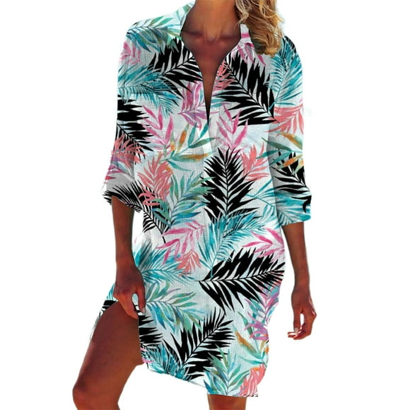 ENJOYW Turn-down Collar Long Sleeve Pockets Bikini Shirt Leaf Printed Beach Sunscreen Cover Up for OutdoorPolyester