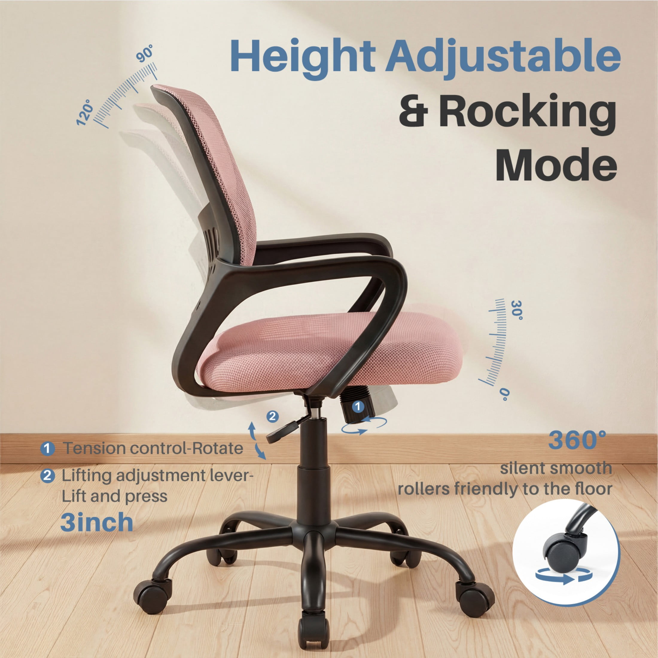 CONCETTA Office Chair, Ergonomic Mesh Back Computer Desk Chair with Lumbar Support, Adjustable Swivel Executive Office Task Chair for Home and Work, Pink