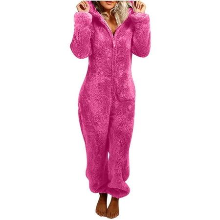 

Women s Classic Solid Color Fuzzy Hooded Jumpsuit Set Pajamas Winter Romper Thermal Sleepwear Bodysuit Long Sleeve Pantsuit With Cute Ear