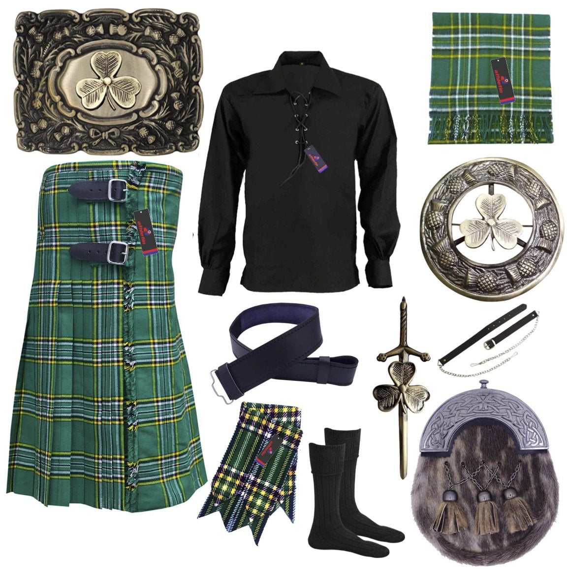 Scottish Kilt Fly Plaid Brooch Irish Shamrock Gold Plated 3"/Highland Brooches