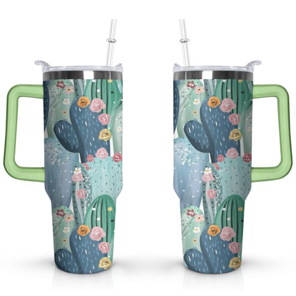 40oz Watercolor Cactus Succulents Stainless Steel Flip Straw Tumbler Spill Proof Travel Cup Double Wall Vacuum Insulated Coffee Mug with Top Handle