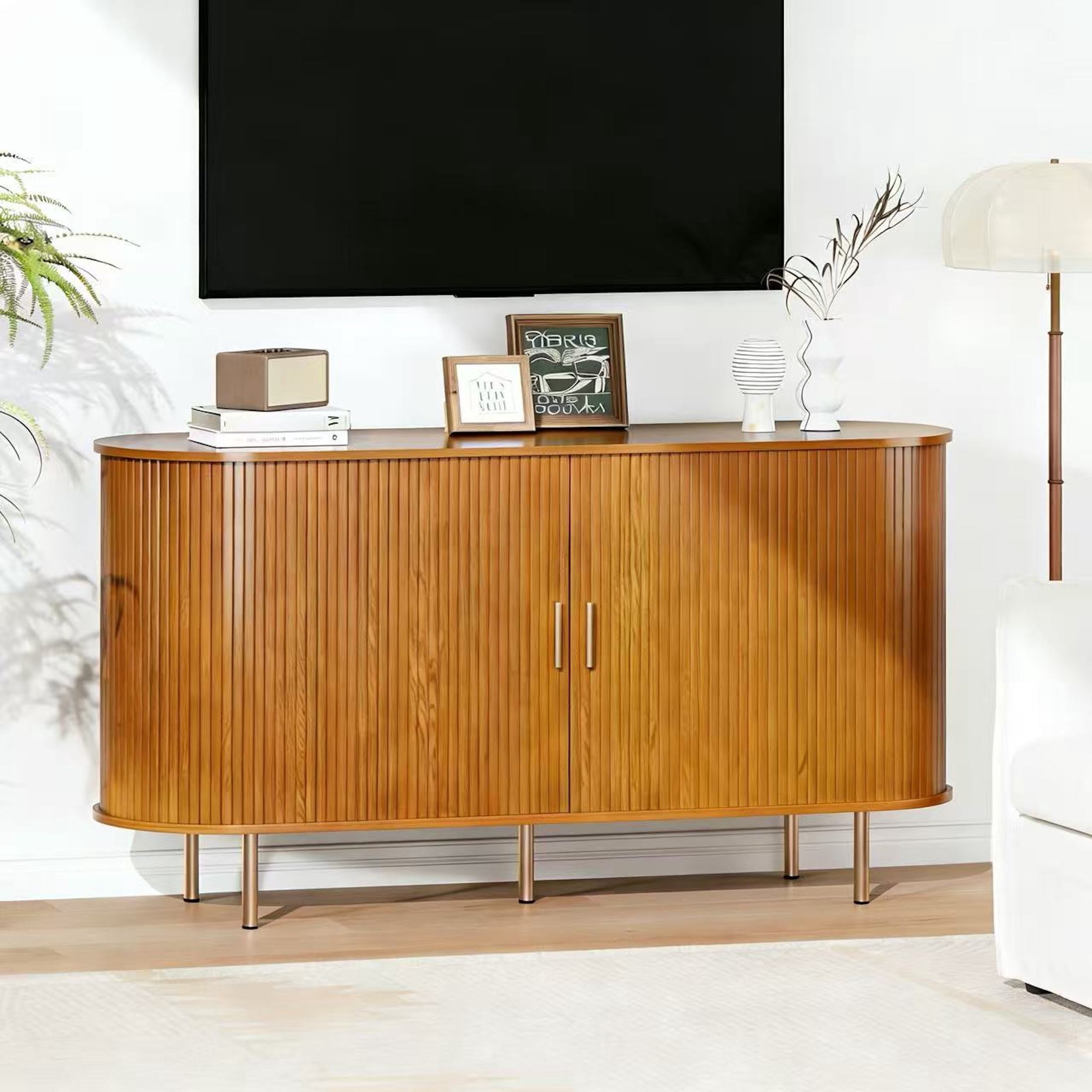 Aisword Sideboard Buffet Cabinet with Storage,Mid Century Modern Fluted Accent Coffee Bar Console Table,Tambour Sliding Doors& Adjustable Shelf for Kitchen, Living Room, Entryway, 55 Inch Yellow