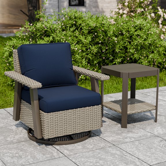 INTER HUT Serenity Retreat 2 PCS PE Wicker Outdoor Furniture Set, Patio Swivel Rocker Chair & Side Table, Beige/Dark Blue