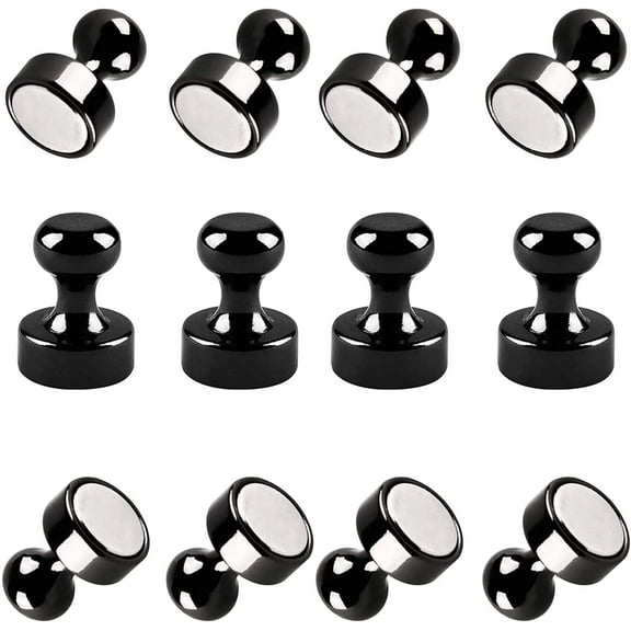 Push Pin Magnets, Metal Magnetic 12-Pack Black Refrigerator Magnets for Fridge, Small Strong Magnets, Whiteboard Magnets, Locker Magnets, Classroom Magnets, Perfect for Kitchen Fridge, Office, School