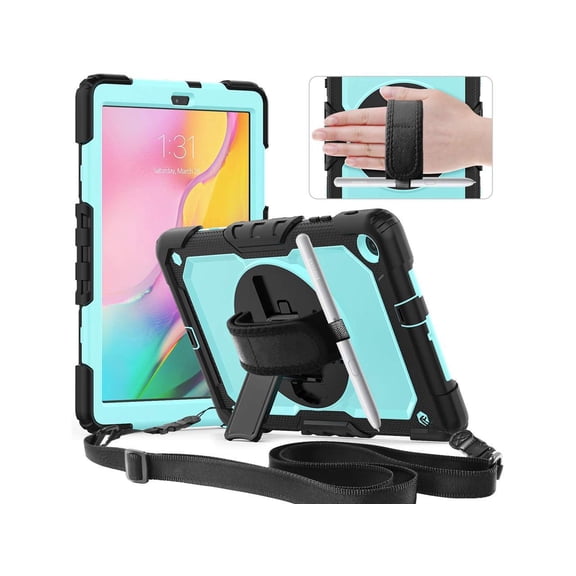 Samsung Galaxy Tab A 10.1 2019 Case T510 T515 Cover Three Layer Hybrid Drop Protection Case with 360 Rotating Stand / Hand Strap & Stylus Pencil Holder for Samsung Galaxy Tab A 10.1 inch