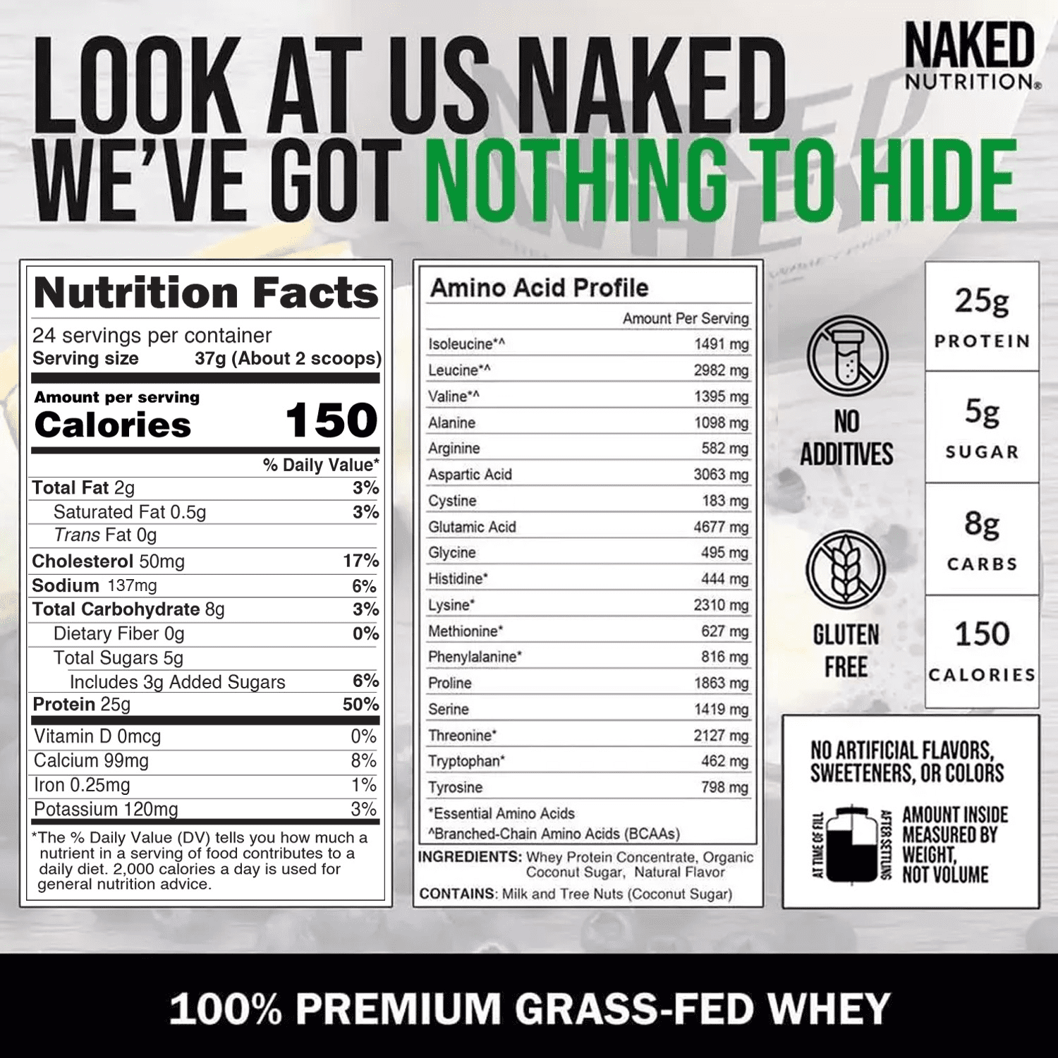 NAKED Whey Vanilla Protein Powder - Only 3 Ingredients - Grass Fed Whey Protein Powder, Vanilla Flavor, and Organic Coconut Sugar, No GMO, No Soy, and Gluten Free - 24 Servings