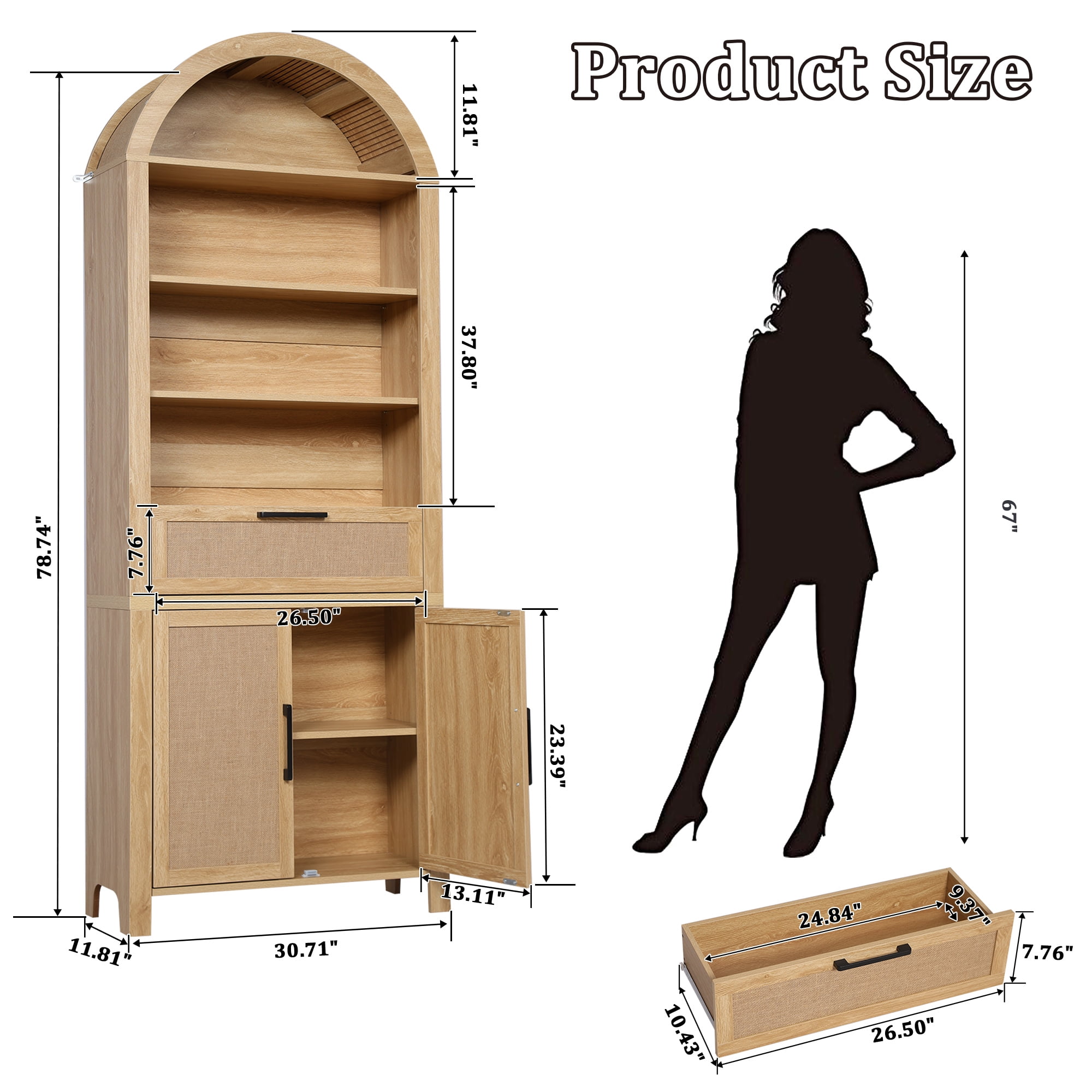 LEFHDA 78" Tall Bookshelf, Arched Bookcase with Drawers, Boho 6-Tier Bookshelf with Storage, Rattan Open Display Storage Shelf Bookshelf for Living Room Bedroom & Classroom(Oak)
