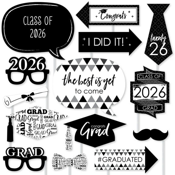 Big Dot of Happiness Black and White 2026 Graduation Party Photo Booth Props Kit - 20 Count
