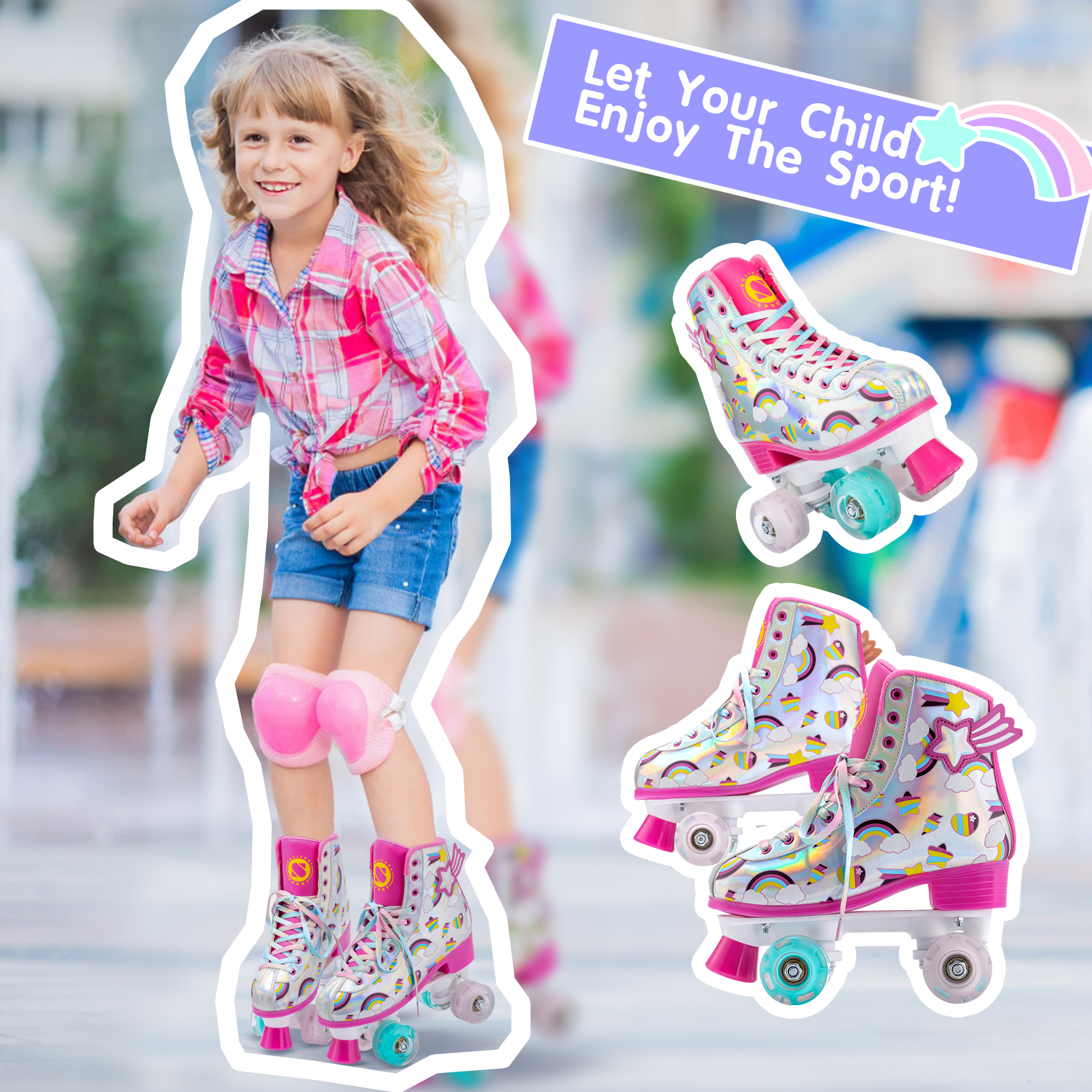 Roller Skates for Girls Light up Wheels Kids with High Top Reflective TPU Leather Rainbow Rainbow