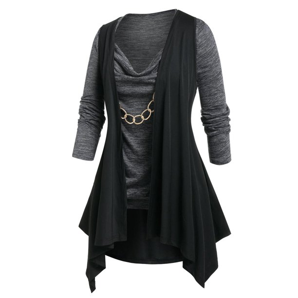 Conjunto Cárdigan Talla Extra Cadenas Cuello Vuelto Rosegal Mangas largas de talla grande