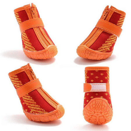 Breathable Dog Shoes With Reflective Straps  Anti-Slip Puppy Hiking Boots For Hot Pavement Hardwood Floors 4Pcs - Orange