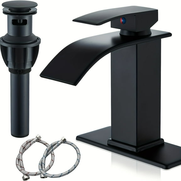 Water-Saving Single Handle Waterfall Bathroom Faucet, Chrome Finish with Valve Core & Supply Lines for 1/3 Hole Sinks, RV Vanity