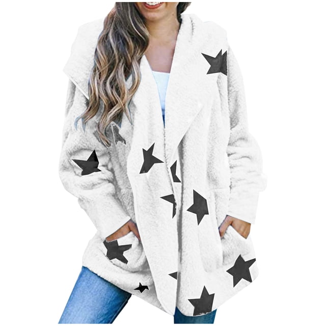 KIHOUT Womens Winter Long Sleeve Solid Fuzzy Fleece Open Front Hooded Cardigans Jacket Coats Outerwear with Pocket