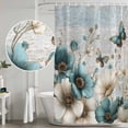 thumbnail image 5 of Teal Tulip Butterfly Shower Curtain, Waterproof Shower Curtains for Bathroom, Beige Turquoise Floral Farmhouse Blue Washable Fabric Bathtub Curtain Set Bath Decor with 12 Hooks 48"x72", 5 of 8