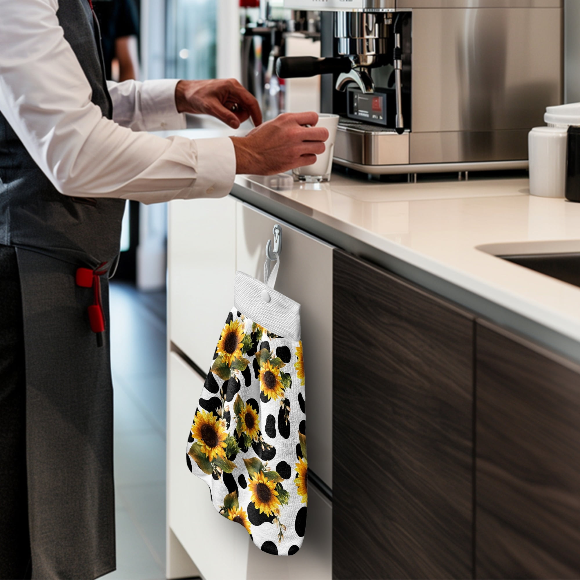 SEANATIVE Sunflower Hand Towels for Bathroom Cow Print Hanging Hand Towels for Kitchen 3 Pcs Portable Hand Tie Towel Decorative Fast Drying Fingertip Towel with Hanging Loops Buttons
