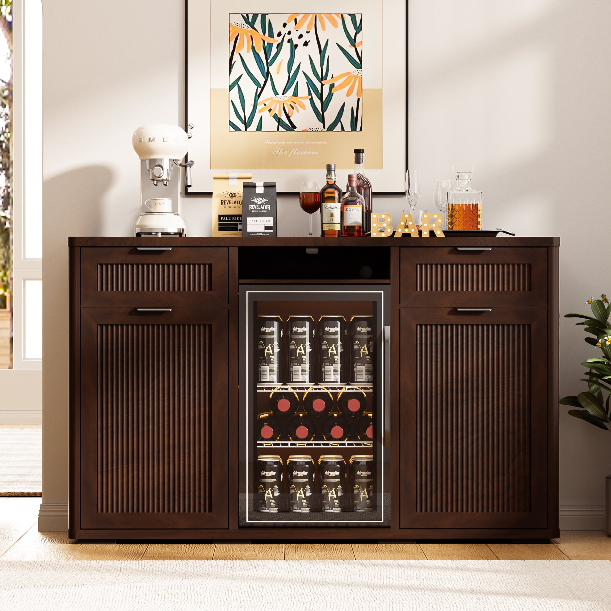 HARIPUL Coffee Bar Cabinet with Mini Fridge Space, Liquor Bar Wine Bar Cabinet with Hidden Drawer, Buffet Sideboard for Living Room, Kitchen, Dining Room