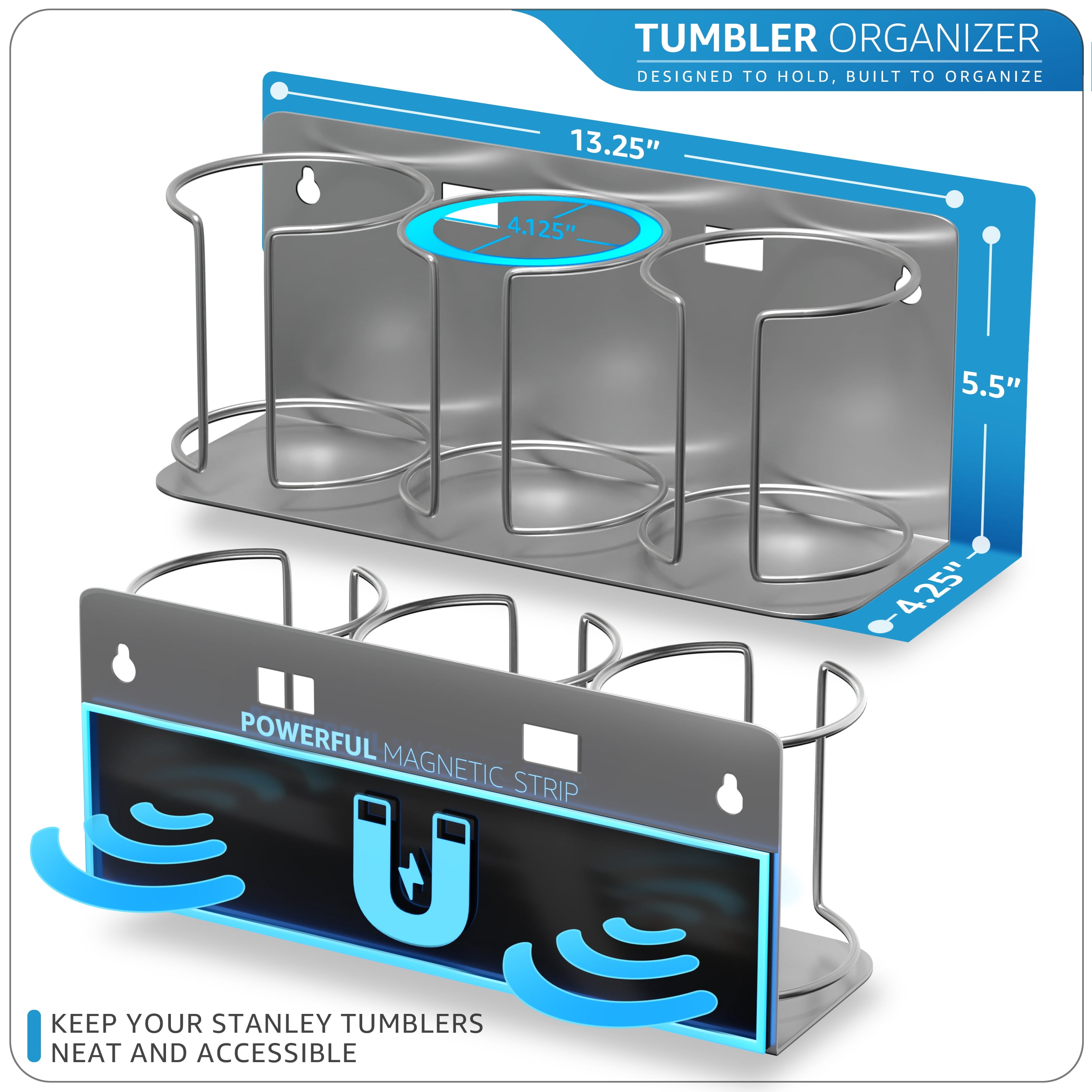 Sorbus Tumbler Organizer 3-Cup – Magnetic Wall Mount for 20-40oz Cups & Bottles (2 Pack)