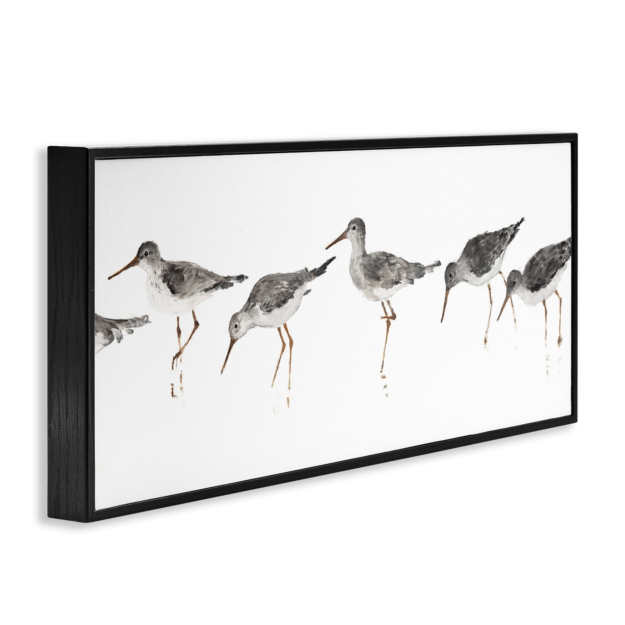 Stupell Industries Beach Bird Sandpipers Minimal Grey White Painting Animals & Insects Painting Gray Framed Art Print Wall Art, 10 x 24