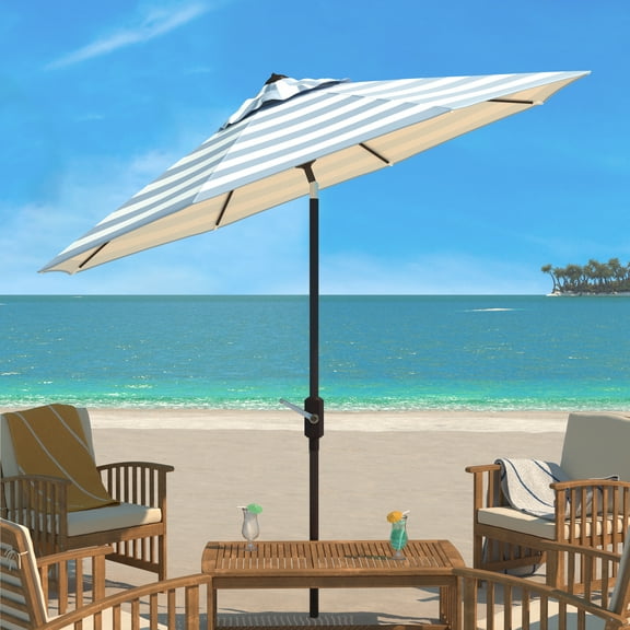 SAFAVIEH Iris 9' Market Auto Tilt Patio Umbrella, Baby Blue/White