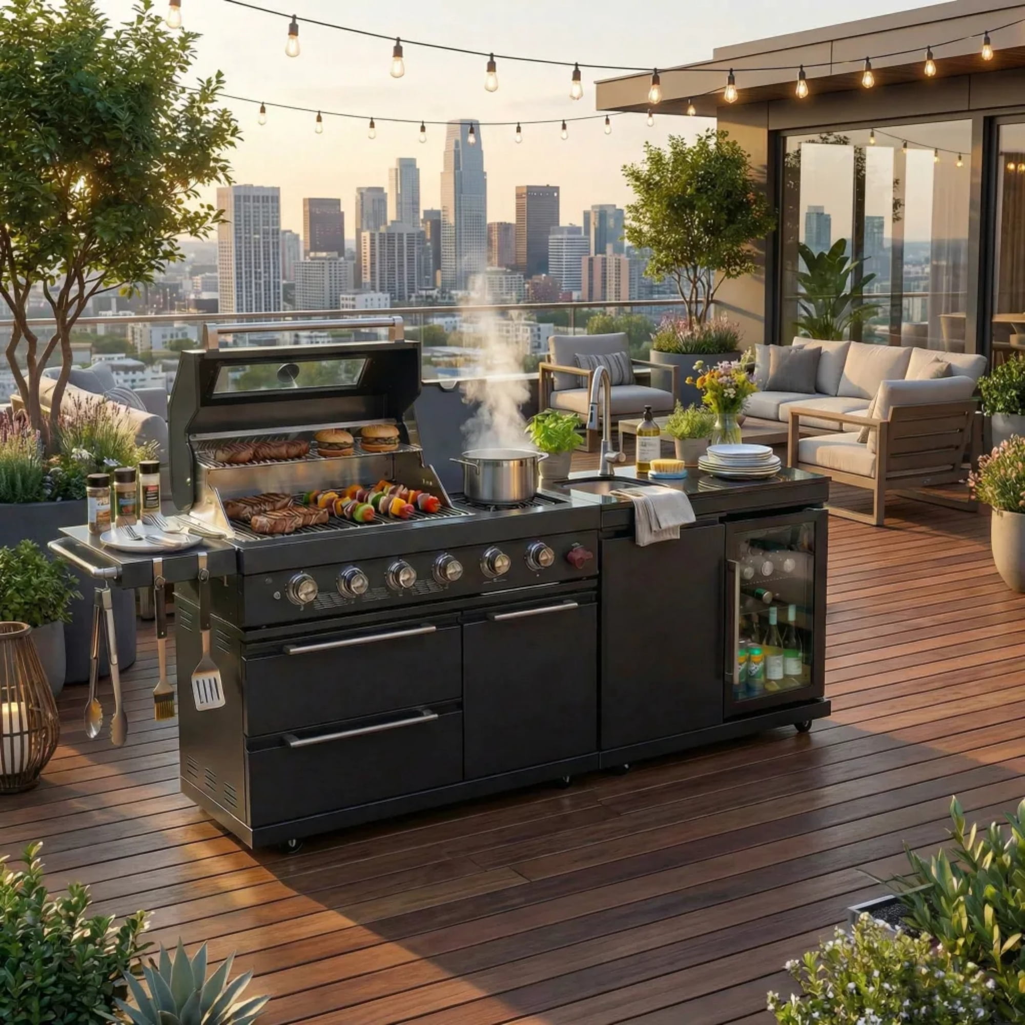 84-Inch Barbecue Island Grill, 5-Burner 75300 BTU Deluxe Stainless Gas Outdoor Kitchen Island,Steel BBQ with Side Burner + Refrigerator,Cooler and Sink + Rotisserie kit + Granite Countertops,Black