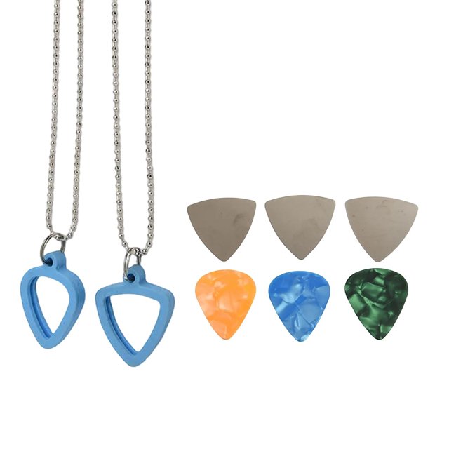 GLFILL Guitar Pick Holder Guitar Picks Storage Necklace With 3Stainless Steel Picks 3Colorful Celluloid Pick For Bass Electric Guitar Blue