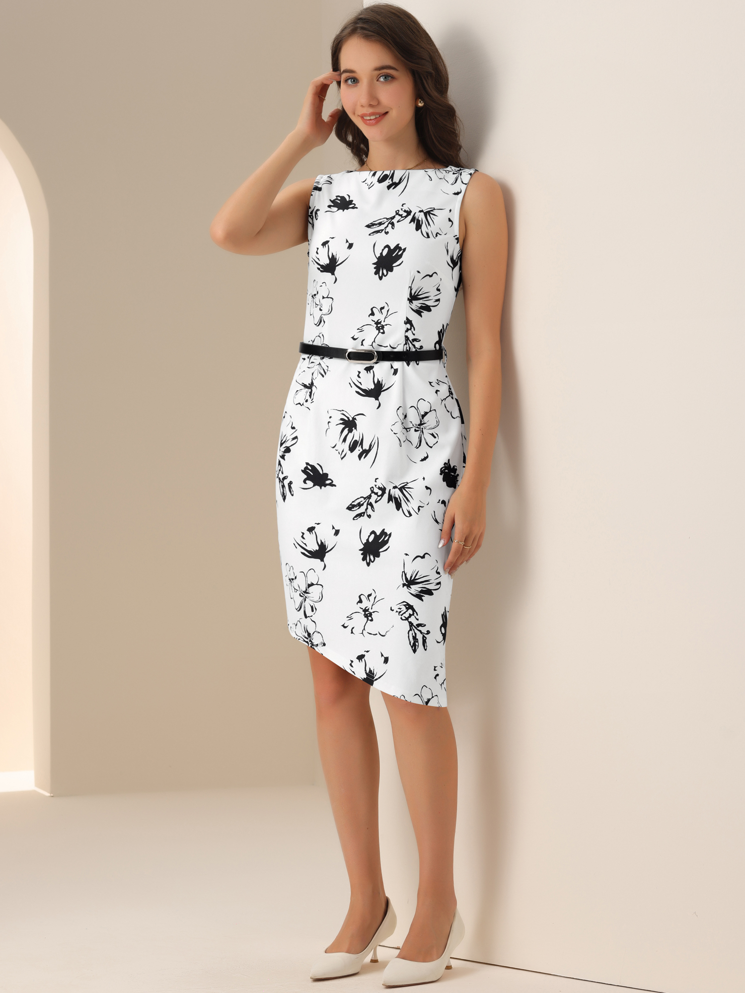 DARING DIVA Sleeveless Belted Floral Print Boat Neck Dress XL White
