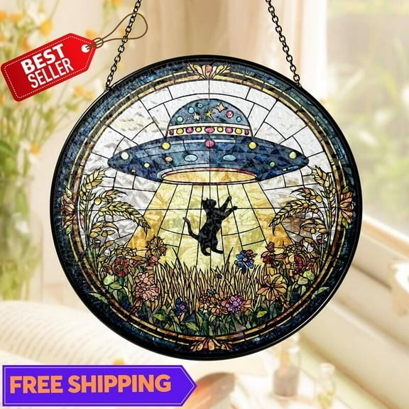 UFO Abduction Black Cat Suncatcher, Glass-Effect Wildflowers Window Hanging