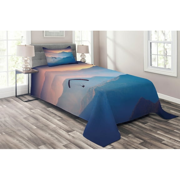Ambesonne Nature Quilted Coverlet 2 Pcs, Paraglide Sun Mountains, Twin Size, Blue Pink