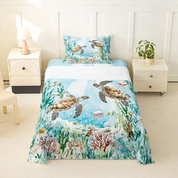 Manfei Cartoon Sea Turtle Twin Sheets,Calm Ocean Plant Bedding,Green,3 Pieces,1 Fitted Sheet and 1 Pillowcase