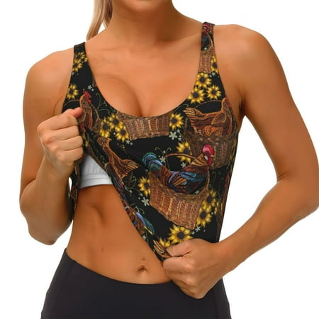Qokaie Chicken Rooster Pattern Womens Scoop Neck Sports Bra Breathable Workout Vest Padded U Back Medium Impact Fitness Gym Yoga Bra Workout Crop Top